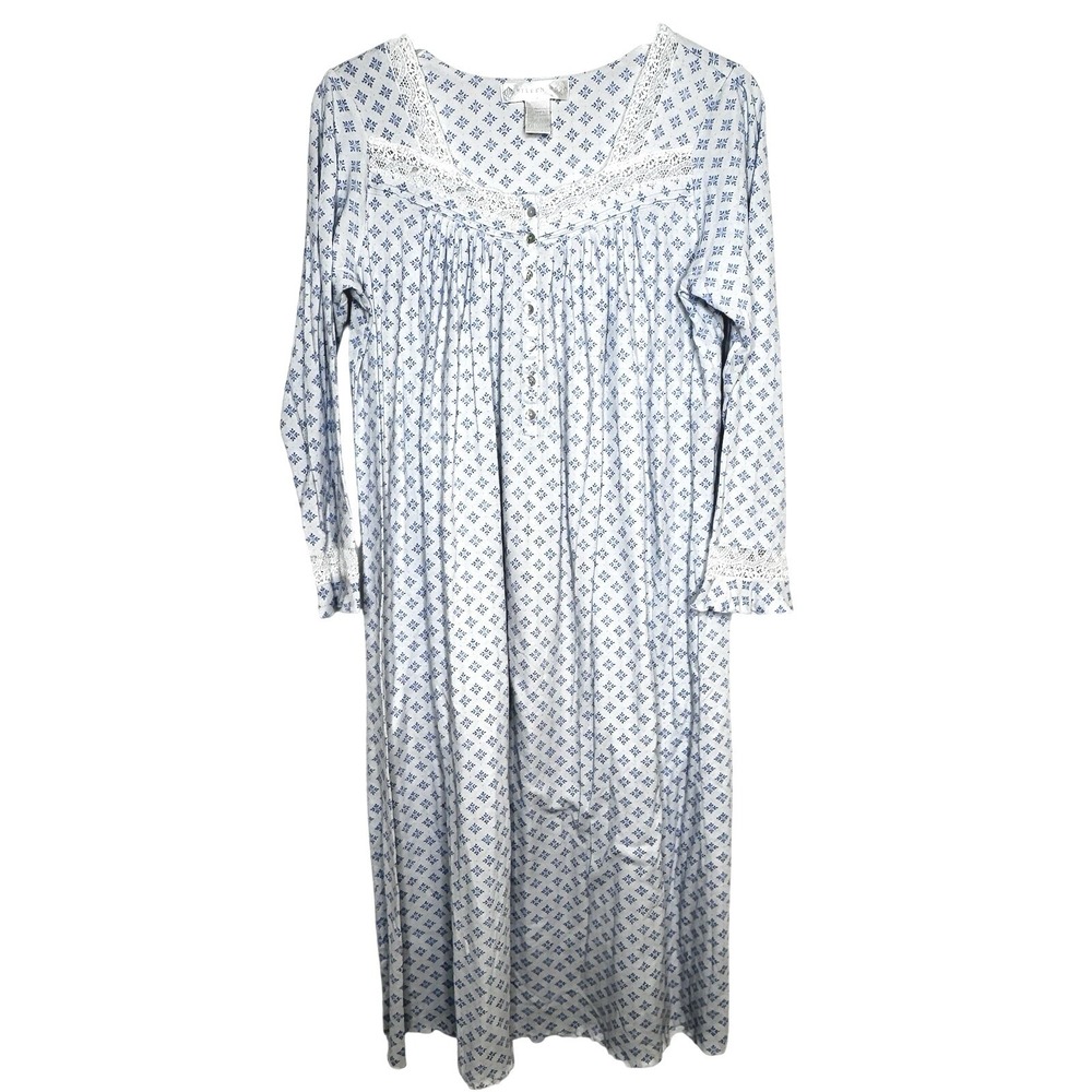 Eileen West Nightgown Size M Cotton Blue‎ White Floral Lace Trim Long Sleeve